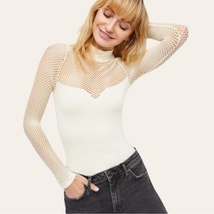 Intimately Free Ivory Fishnet Sleeve Mock Neck Stretchy Layering Long Sleeve Top